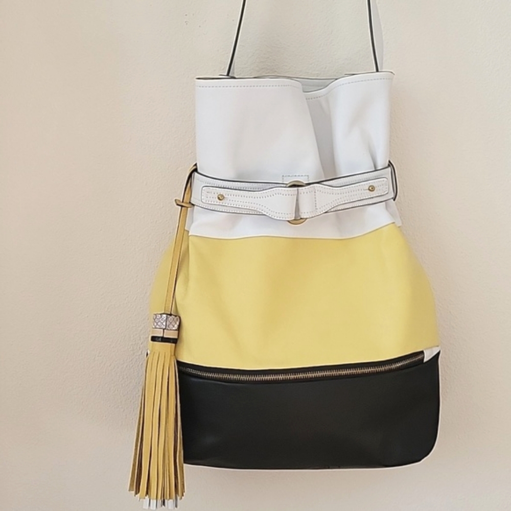 Charles Jourdan Leather Boho Crossbody Bag, Black/Yellow/ White, NWOT - Picture 6 of 16